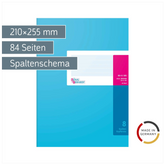 Spaltenbuch mit Kopfleiste | 210×255 mm, 84 Seiten, 8 Spalten, Karton, magenta/hellblau