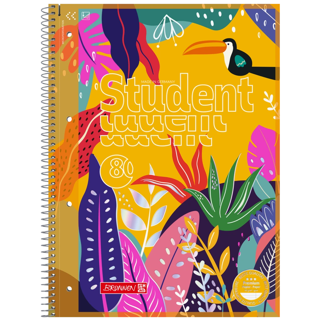 Collegeblock Premium Student „Tropical“ | A4, Lineatur 27, 80 Blatt, gelb/mehrfarbig