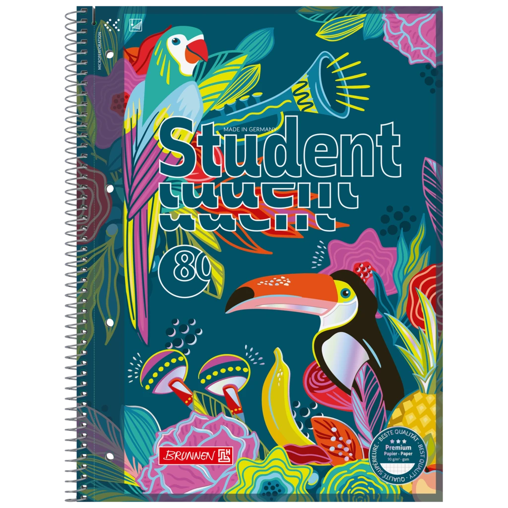 Collegeblock Premium Student „Tropical“ | A4, Lineatur 28, 80 Blatt, blau/mehrfarbig