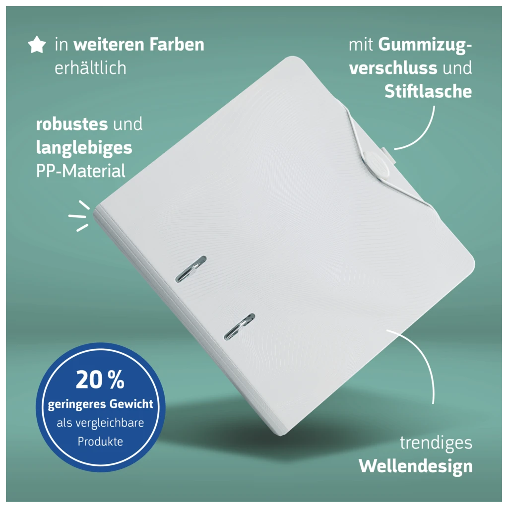 Ordner „WAVE“ | A4, 50 mm, Hebelmechanik mit gummiertem Griff, weiß