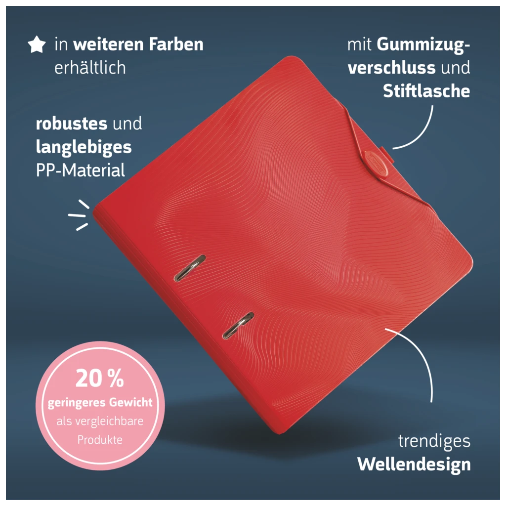 Ordner „WAVE“ Colour Code | A4, 50 mm, Hebelmechanik mit gummiertem Griff, red