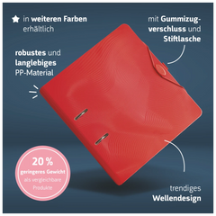 Ordner „WAVE“ Colour Code | A4, 50 mm, Hebelmechanik mit gummiertem Griff, red