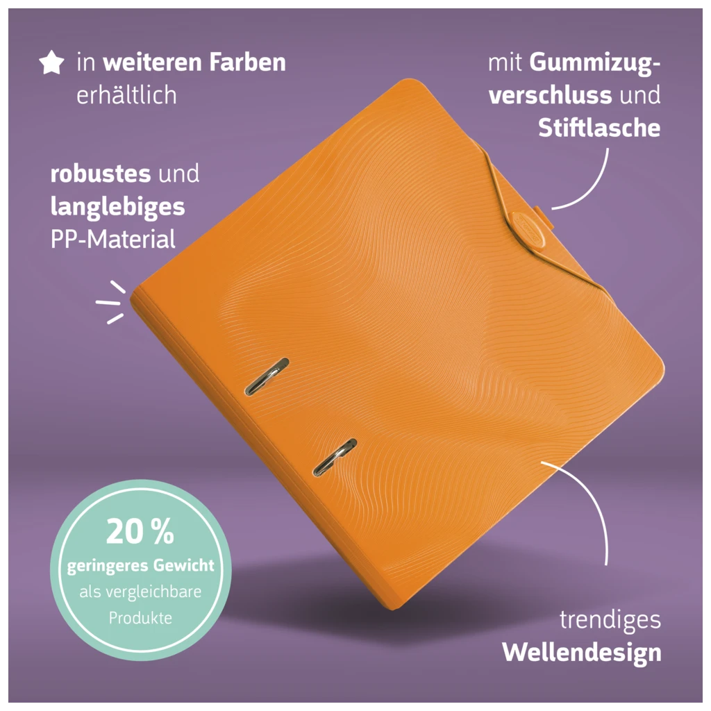 Ordner „WAVE“ | A4, 70 mm, Hebelmechanik mit gummiertem Griff, orange