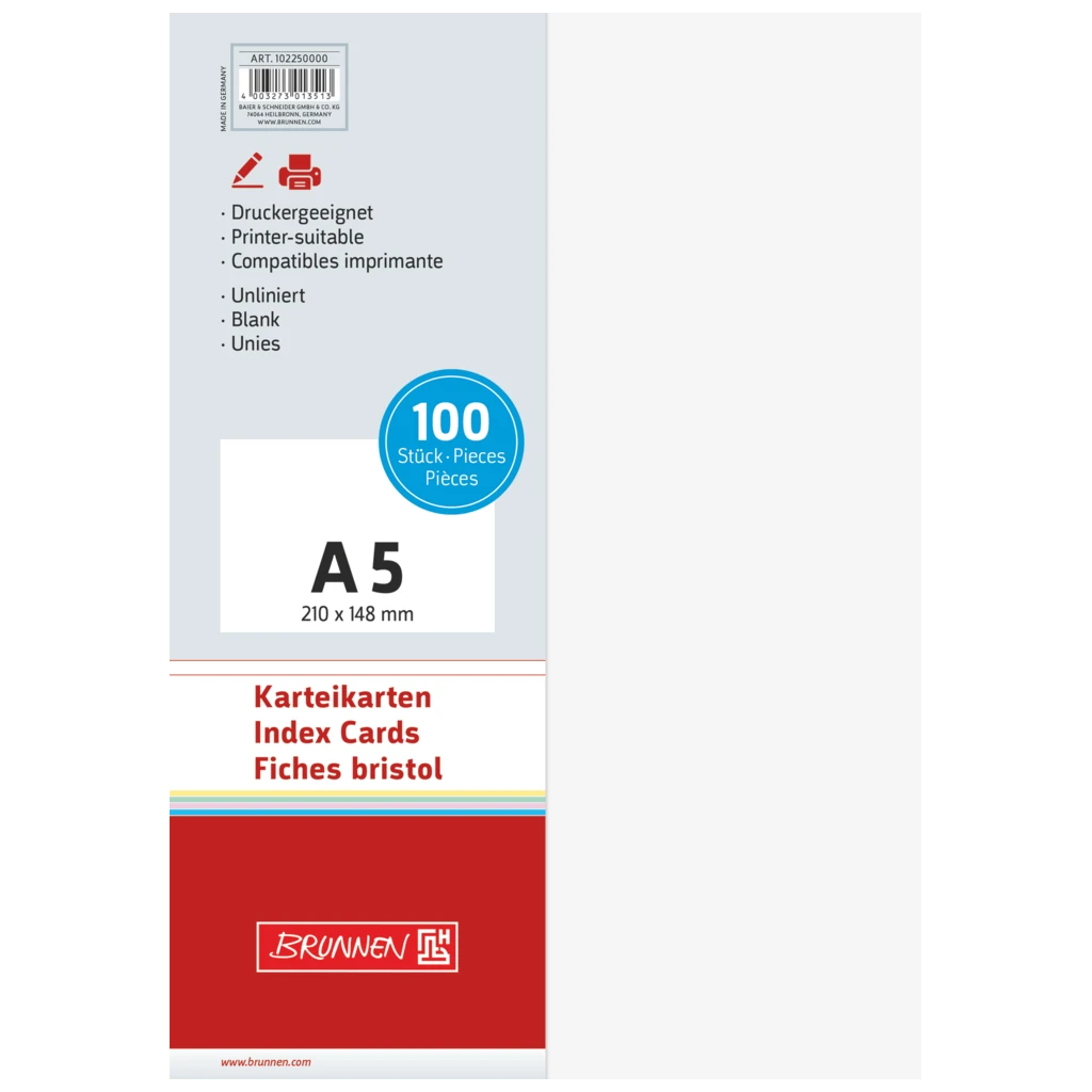 Karteikarten | 210×148 mm, A5, unliniert, weiß, 100 Stück