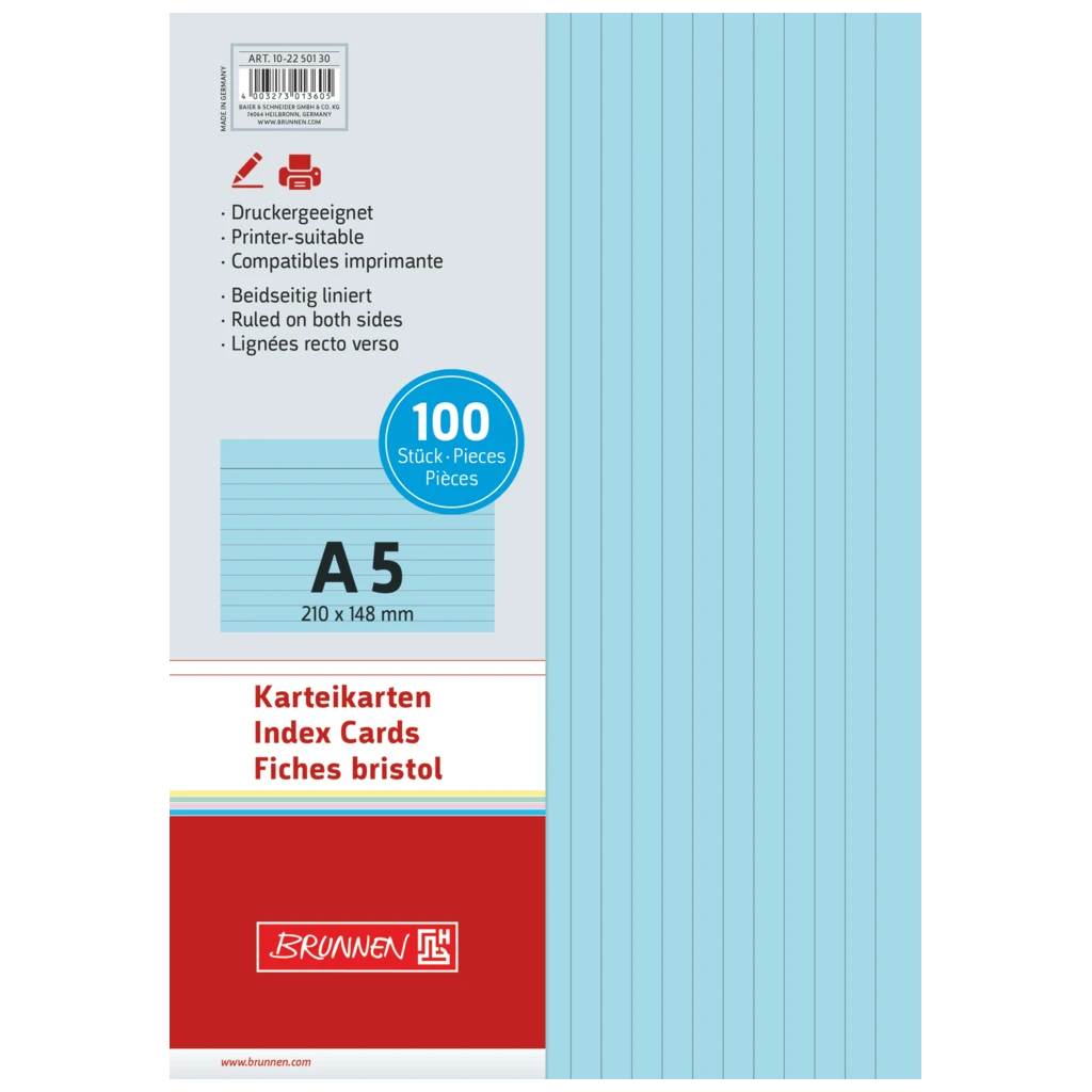 Karteikarten | 210×148 mm, A5, liniert, blau, 100 Stück