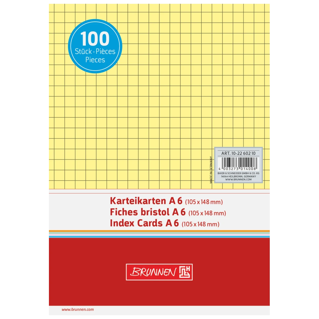 Karteikarten | 148×105 mm, A6, 5 mm kariert, gelb, 100 Stück