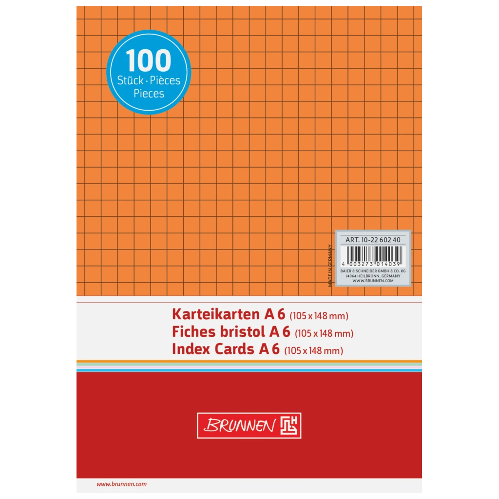 Karteikarten | 148×105 mm, A6, 5 mm kariert, orange, 100 Stück