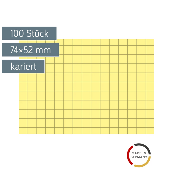 Karteikarten | 74×52 mm, A8, 5 mm kariert, gelb, 100 Stück