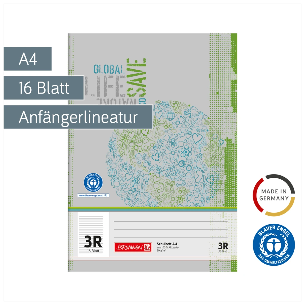 Schulheft Recycling | A4, Lineatur 3R, 16 Blatt, grün/grau