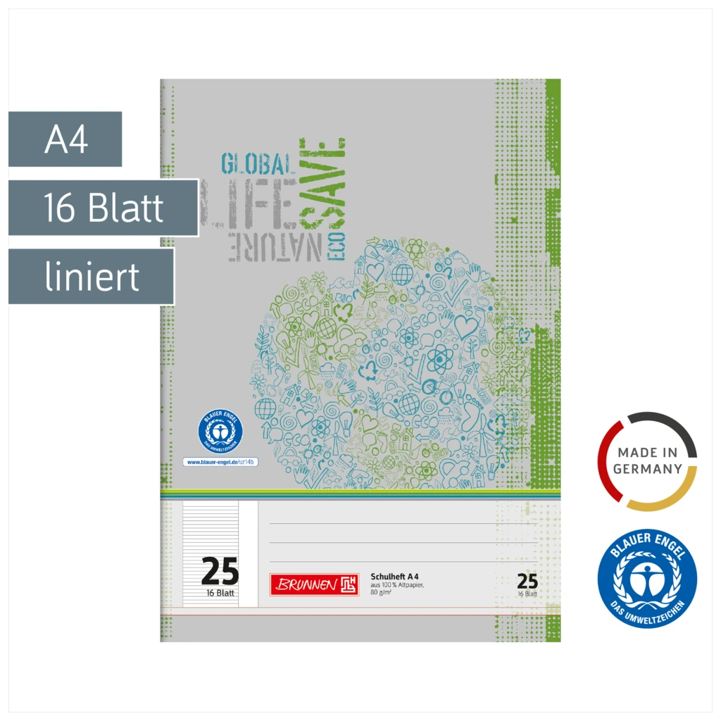 Schulheft Recycling | A4, Lineatur 25, 16 Blatt, grün/grau