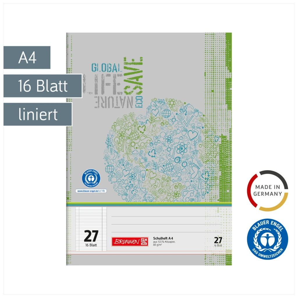 Schulheft Recycling | A4, Lineatur 27, 16 Blatt, grün/grau