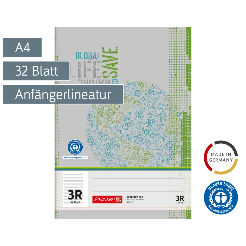 Schulheft Recycling | A4, Lineatur 3R, 32 Blatt, grün/grau