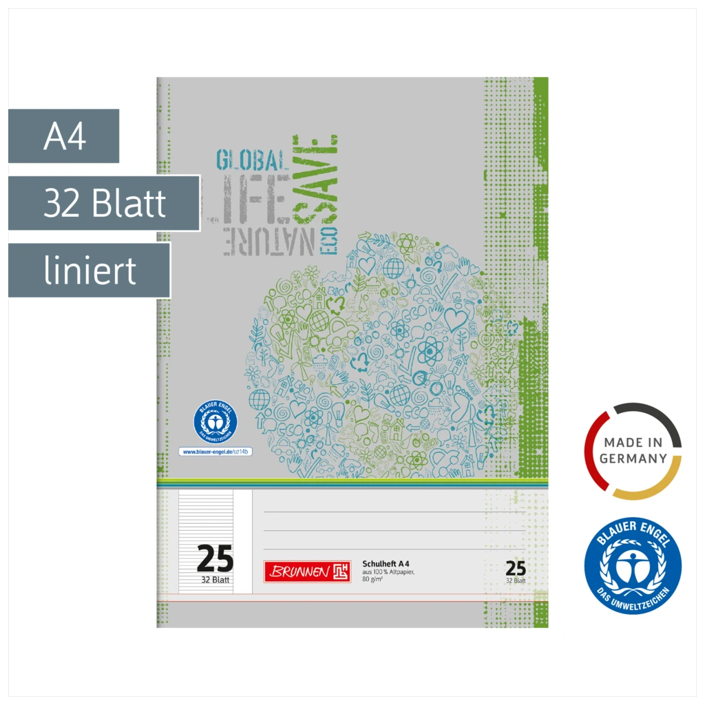 Schulheft Recycling | A4, Lineatur 25, 32 Blatt, grün/grau