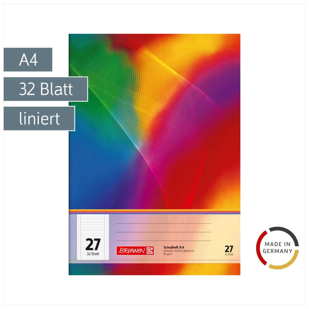 Schulheft | A4, Lineatur 27, 32 Blatt, mehrfarbig