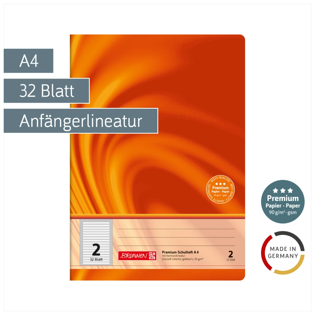 Schulheft Premium Vivendi | A4, Lineatur 2, 32 Blatt, orange
