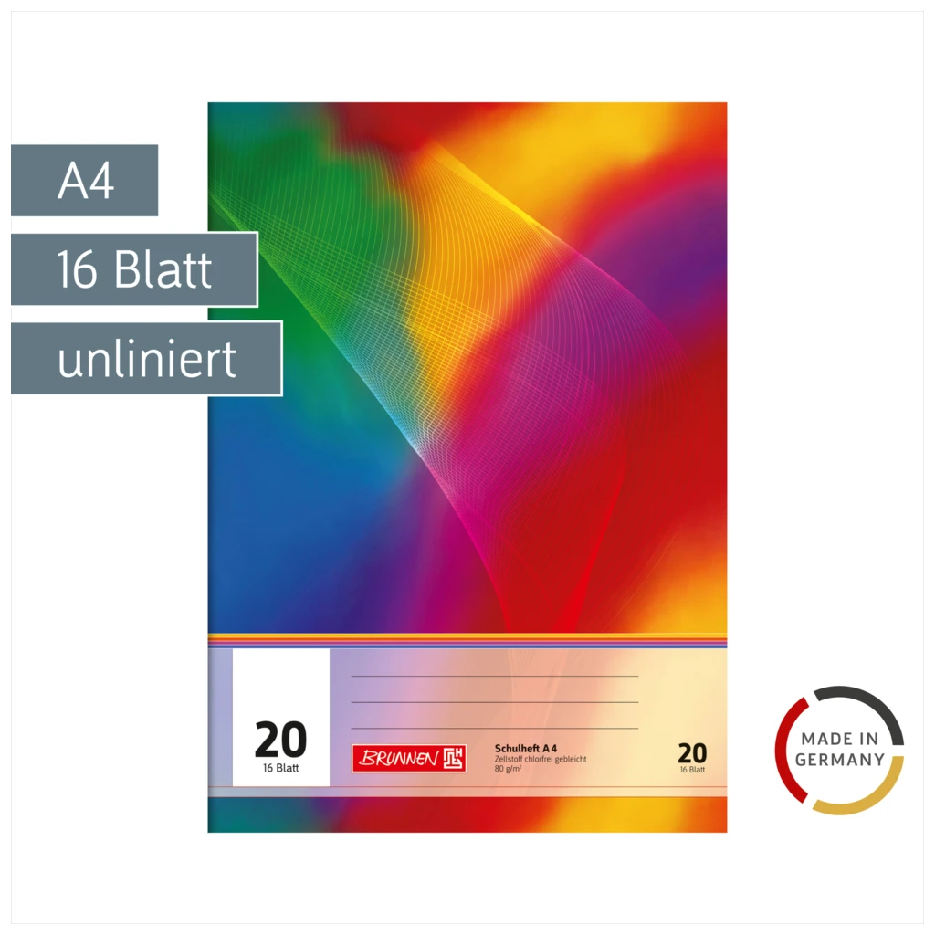 Schulheft | A4, Lineatur 20, 16 Blatt, mehrfarbig