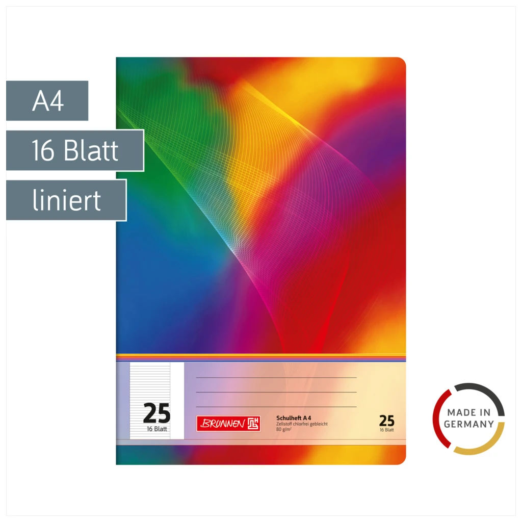 Schulheft | A4, Lineatur 25, 16 Blatt, mehrfarbig