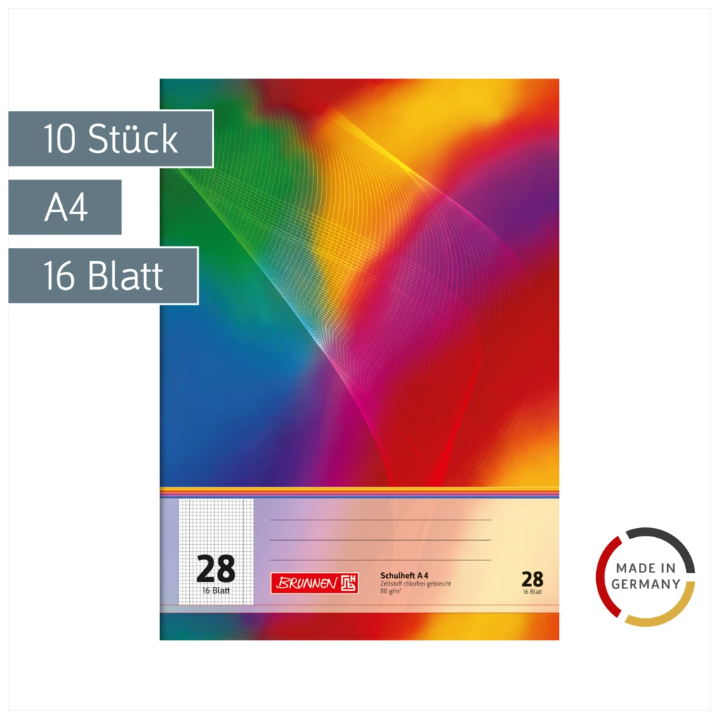 Schulhefte | A4, Lineatur 28, 16 Blatt, mehrfarbig, 10 Stück