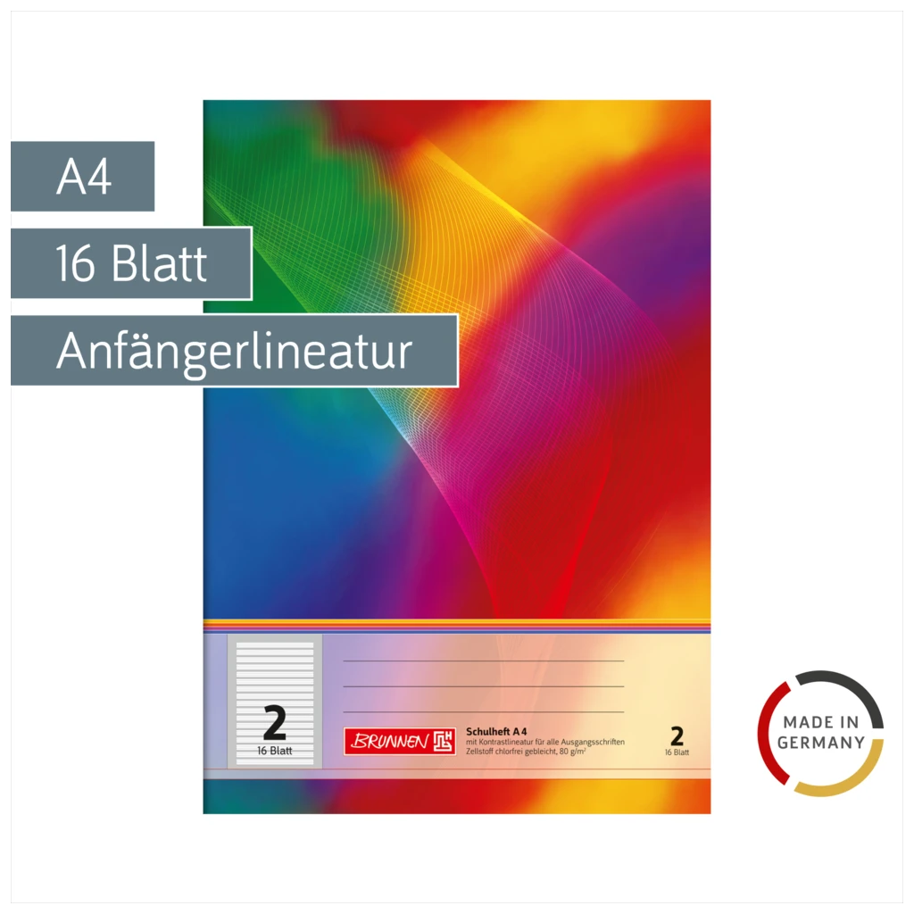 Schulheft | A4, Lineatur 2, 16 Blatt, mehrfarbig