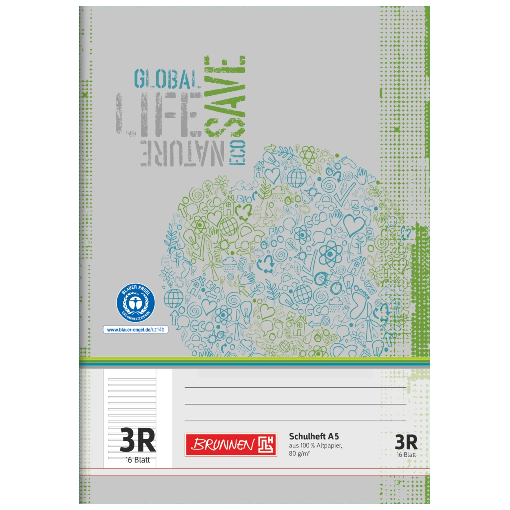 Schulheft Recycling | A5, Lineatur 3R, 16 Blatt, grün/grau
