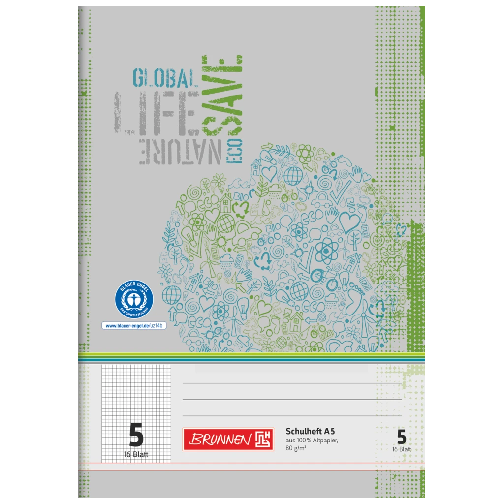 Schulheft Recycling | A5, Lineatur 5, 16 Blatt, grün/grau