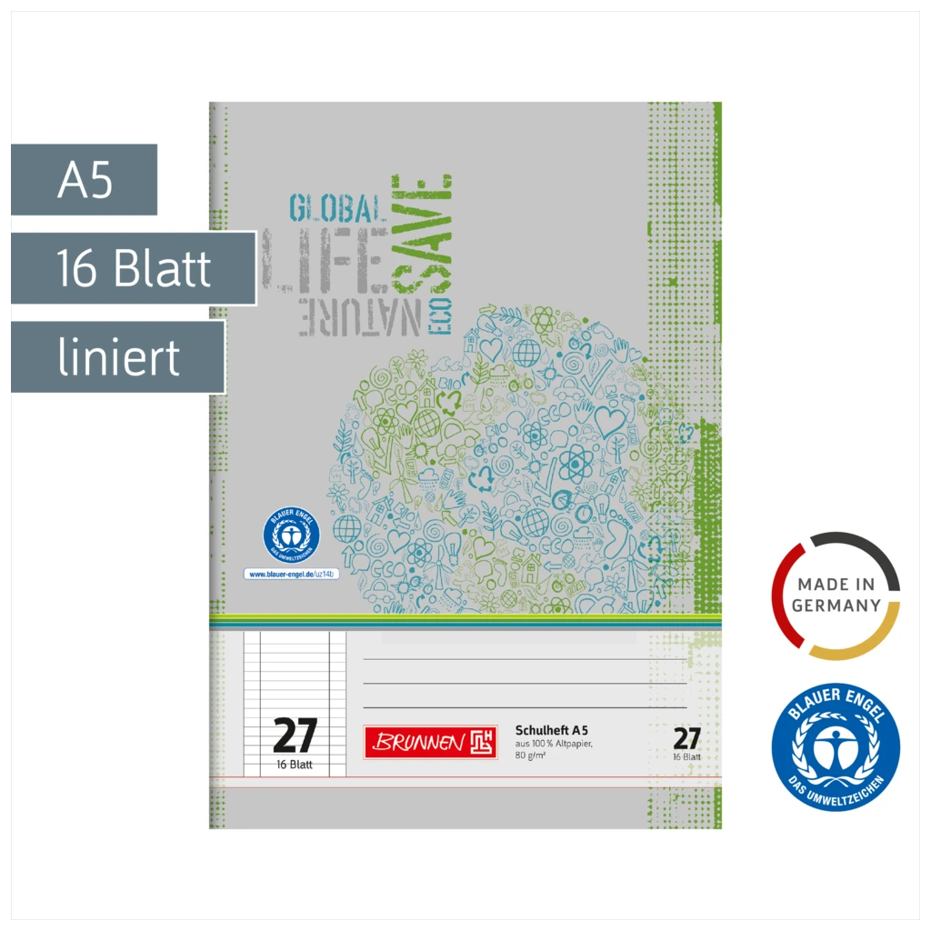 Schulheft Recycling | A5, Lineatur 27, 16 Blatt, grün/grau