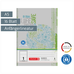 Schulheft Recycling | A5, Lineatur 1, 16 Blatt, grün/grau