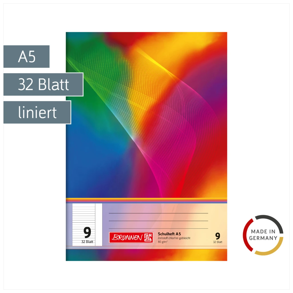 Schulheft | A5, Lineatur 9, 32 Blatt, mehrfarbig