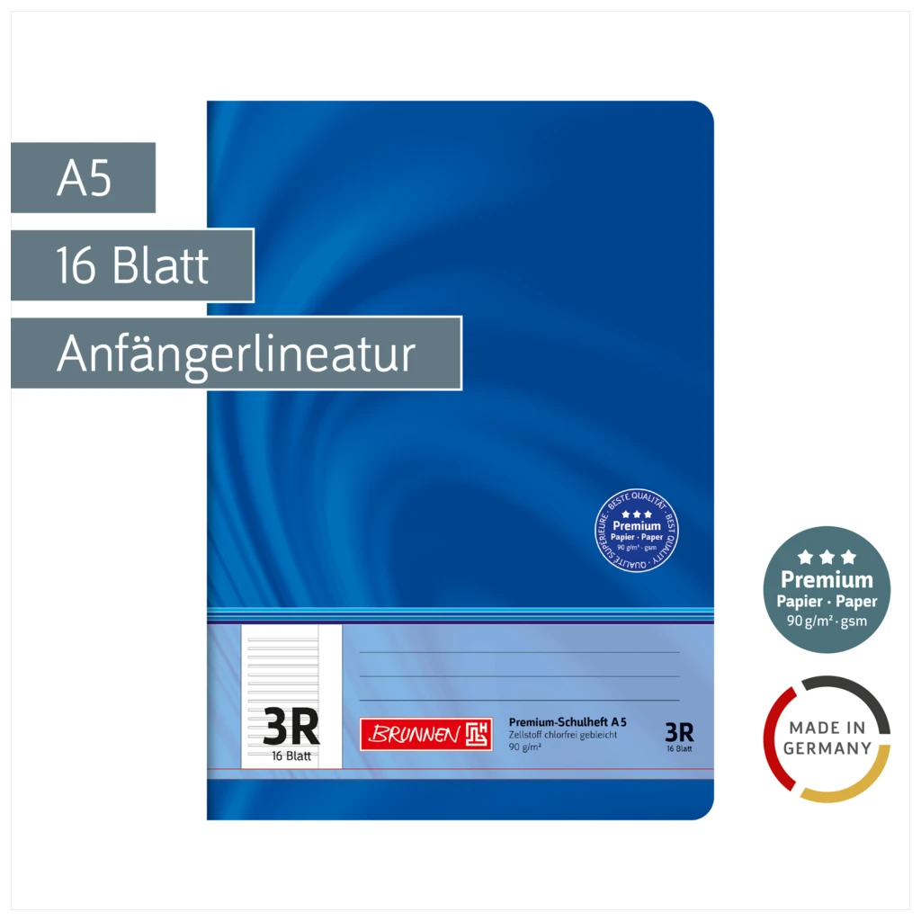 Schulheft Premium Vivendi | A5, Lineatur 3R, 16 Blatt, blau