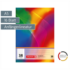 Schulheft | A5, Lineatur 3R, 16 Blatt, mehrfarbig