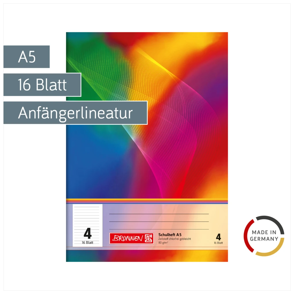 Schulheft | A5, Lineatur 4, 16 Blatt, mehrfarbig