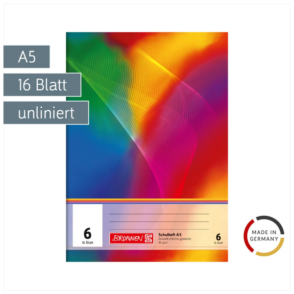 Schulheft | A5, Lineatur 6, 16 Blatt, mehrfarbig