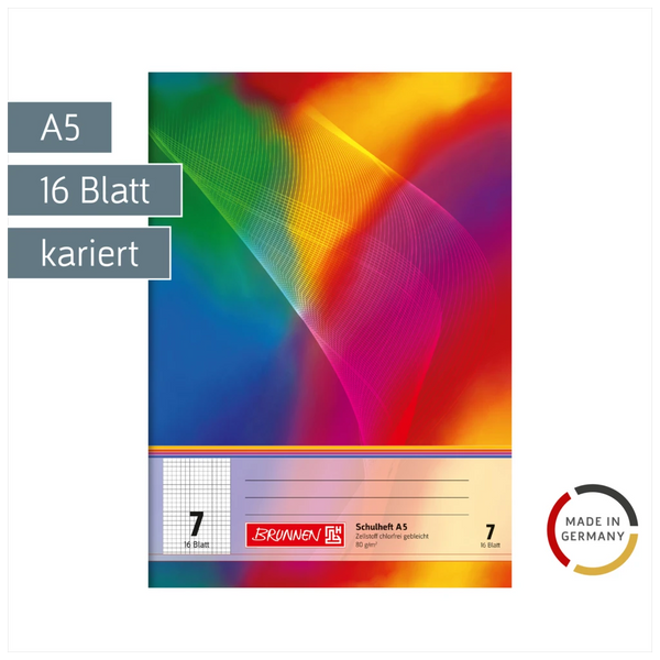 Schulheft | A5, Lineatur 7, 16 Blatt, mehrfarbig