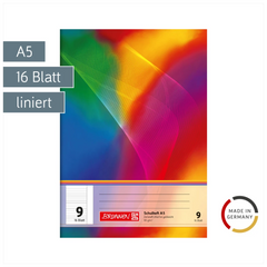 Schulheft | A5, Lineatur 9, 16 Blatt, mehrfarbig