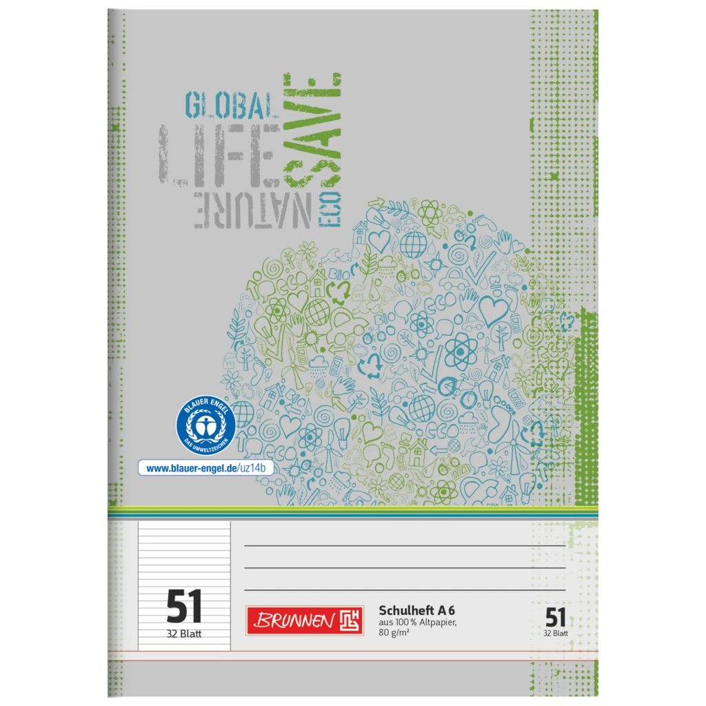Schulheft Recycling | A6, Lineatur 51, 32 Blatt, grün/grau