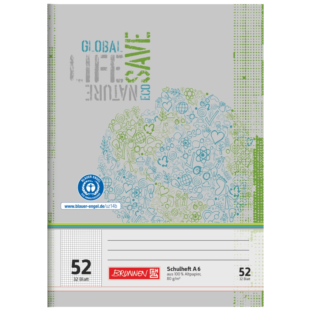 Schulheft Recycling | A6, Lineatur 52, 32 Blatt, grün/grau