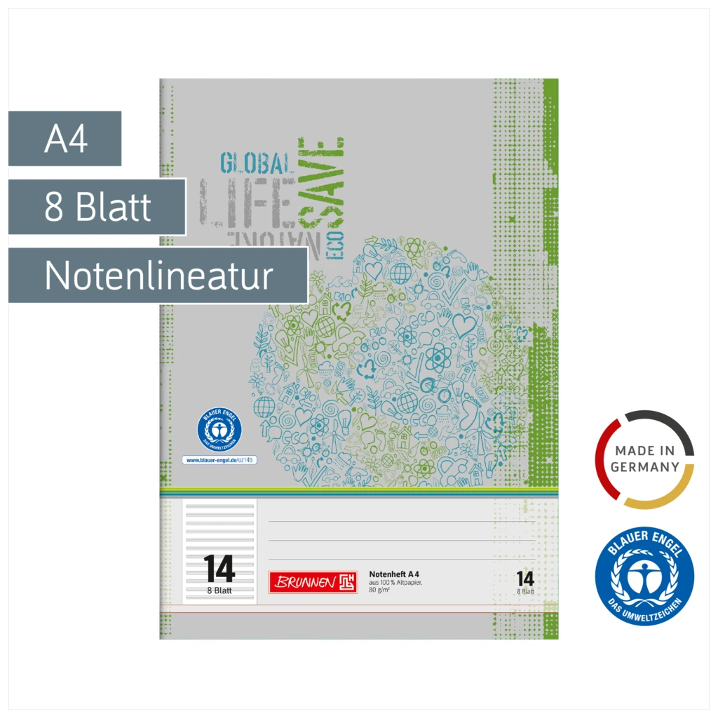 Notenheft Recycling | A4, Lineatur 14, 8 Blatt, grün/grau