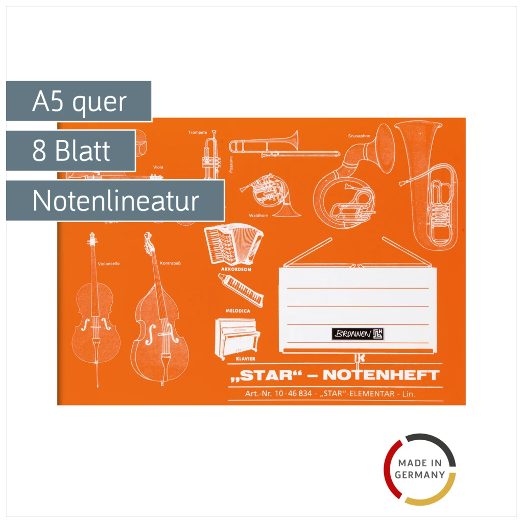 Star-Notenheft | A5 quer, Notenlineatur, 8 Blatt, orange