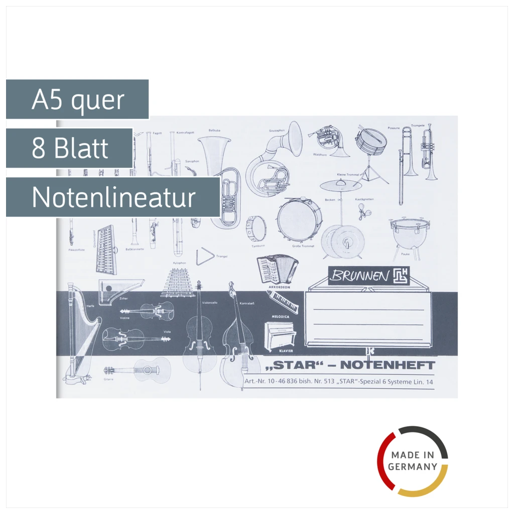 Star-Notenheft | A5 quer, Notenlineatur, 8 Blatt, weiß