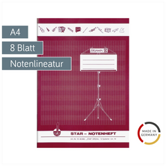 Star-Notenheft | A4, Notenlineatur, 8 Blatt, bordeaux