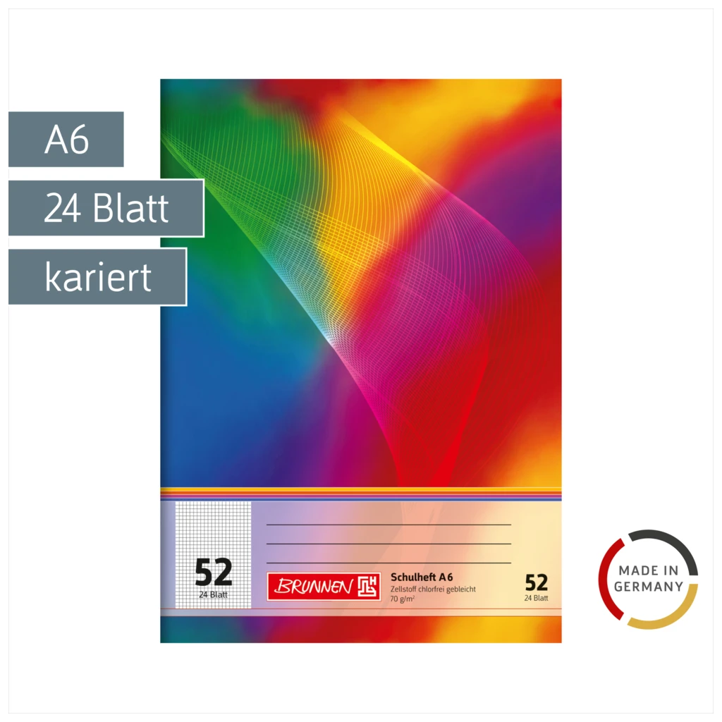 Schulheft | A6, Lineatur 52, 24 Blatt, mehrfarbig
