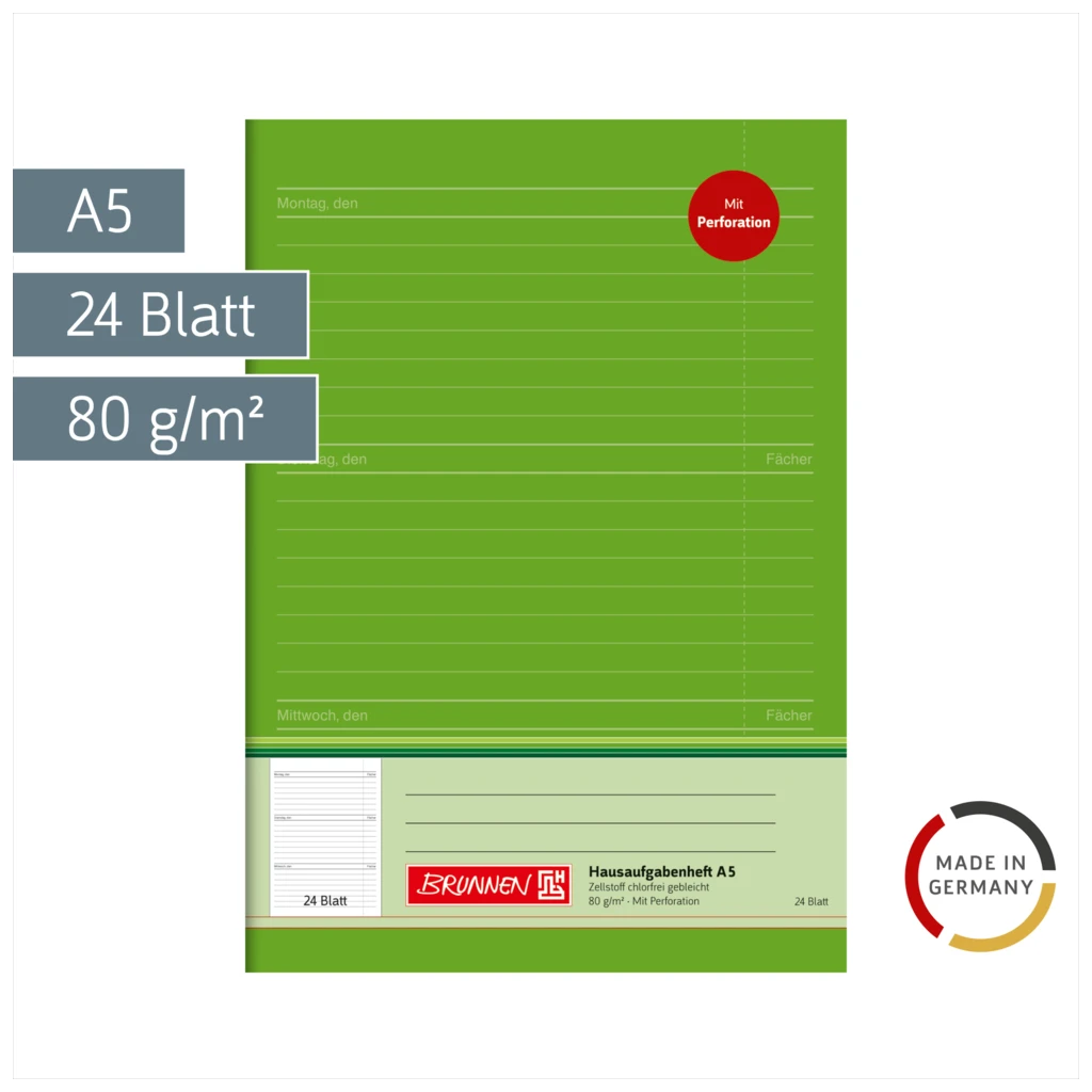Hausaufgabenheft | A5, 24 Blatt, grün