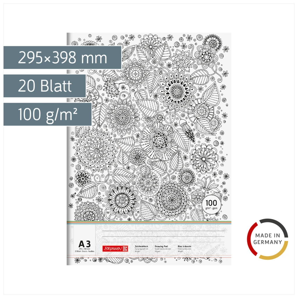 Zeichenblock „Floral“ ZENart | A3, 20 Blatt, weiß/schwarz
