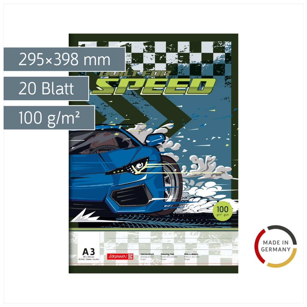 Zeichenblock Fast Wheels | A3, 20 Blatt, blau/mehrfarbig