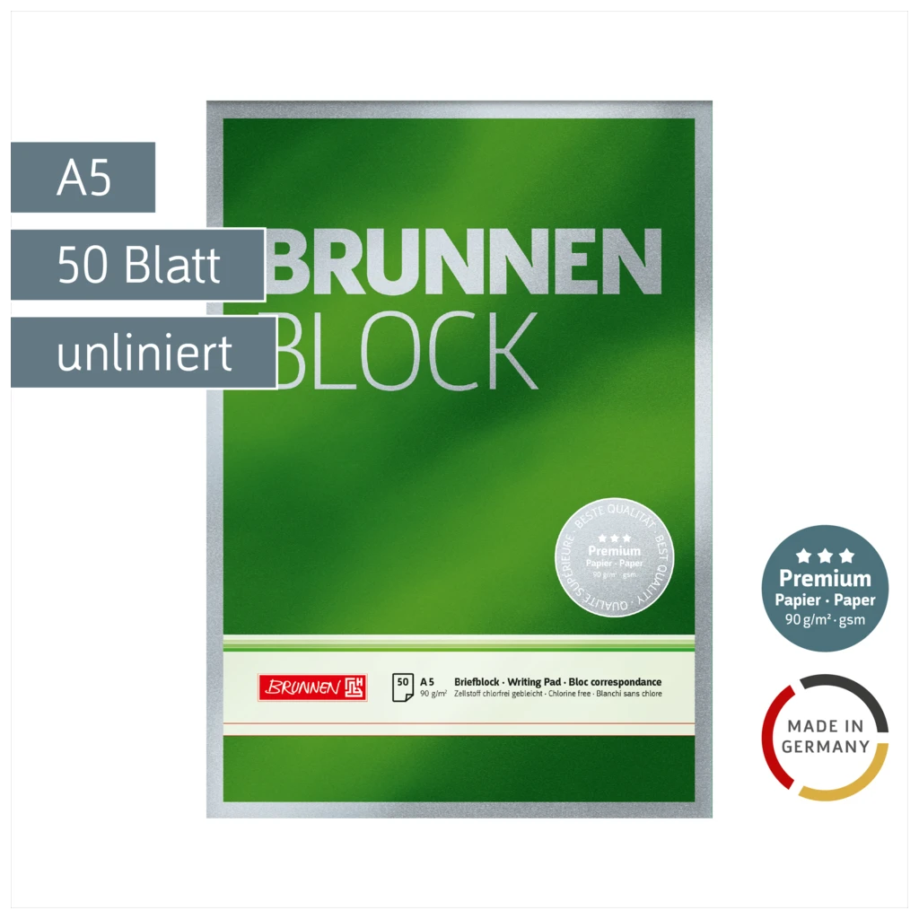 Briefblock Premium „BRUNNEN Block“ | A5, Lineatur 6, 50 Blatt, grün