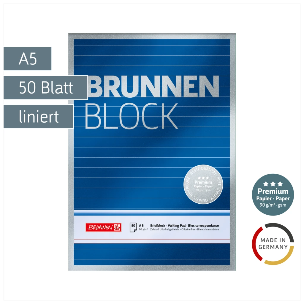 Briefblock Premium „BRUNNEN Block“ | A5, liniert, 50 Blatt, blau
