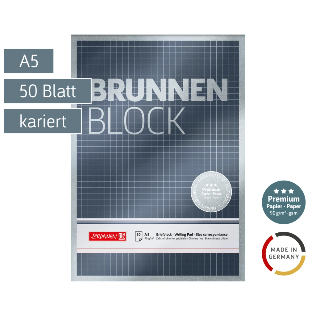 Briefblock Premium „BRUNNEN Block“ | A5, Lineatur 5, 50 Blatt, silber