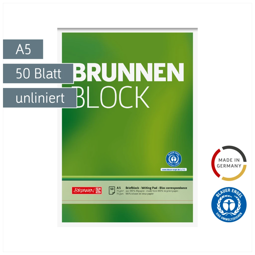 Briefblock „BRUNNEN Block“ Recycling | A5, Lineatur 6, 50 Blatt, grün