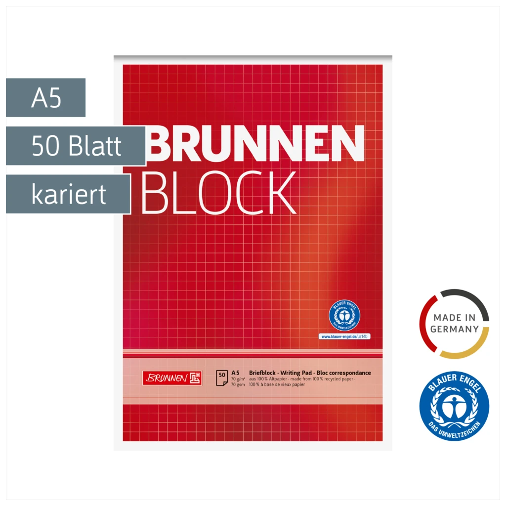 Briefblock „BRUNNEN Block“ Recycling | A5, Lineatur 5, 50 Blatt, rot