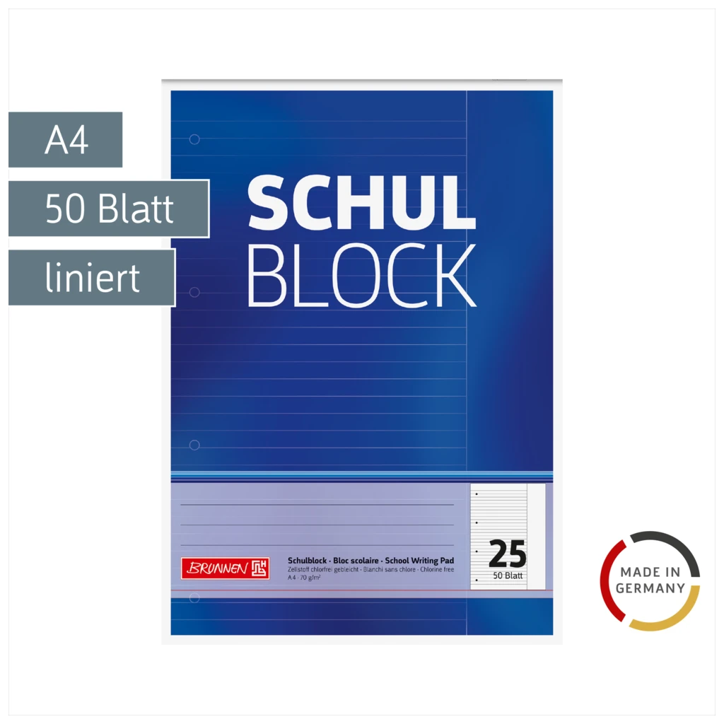 Schulblock gelocht | A4, Lineatur 25, 50 Blatt, blau